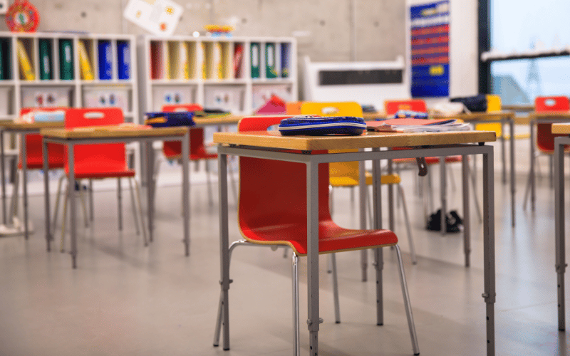 Colourful chairs creates vibrant atmosphere of the classroom 