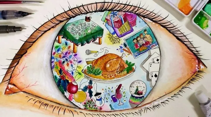 drawing of eye with multiple Christmas elements