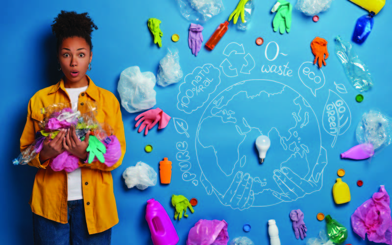 Start your A girl holding different trash in her hand with a zero waste graphic on the wall