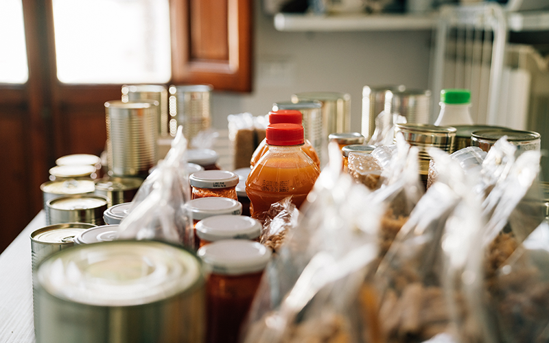 Cans, bottles, and packets of food