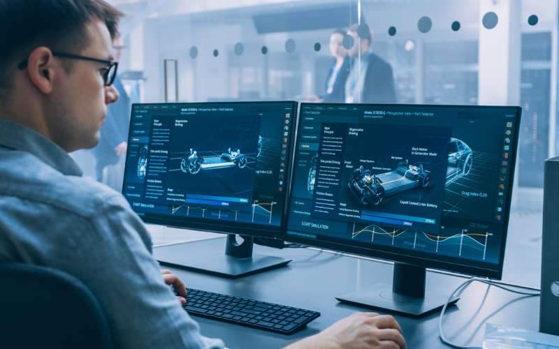 Automotive engineer programming an electric vehicle