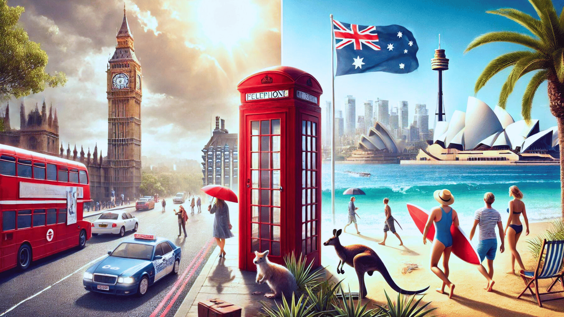 A comparison image between UK and Australia in their iconic elements