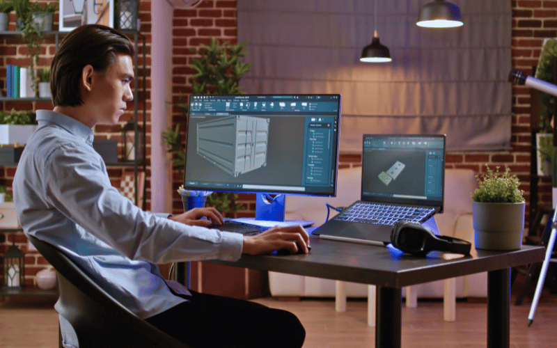 Man designing 3D building model in his software