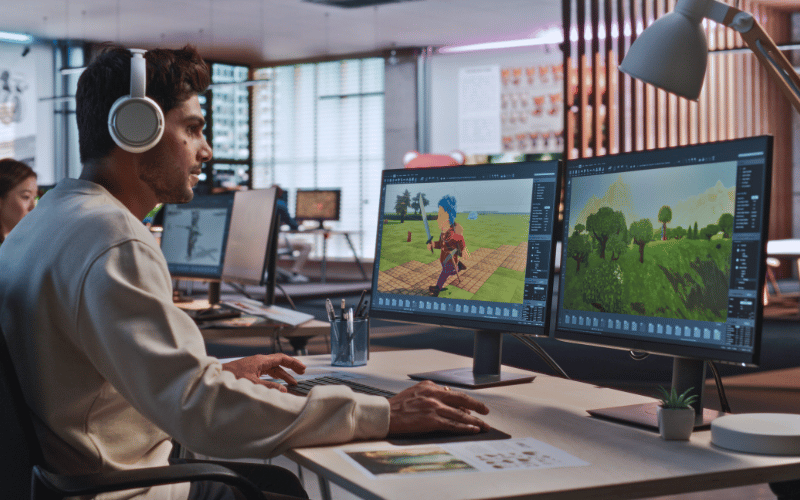 Man working on animation movement on cartoon illustration