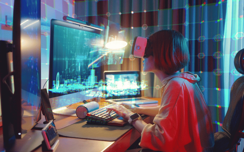 Asian woman wearing XR headset while doing coding on her desktop