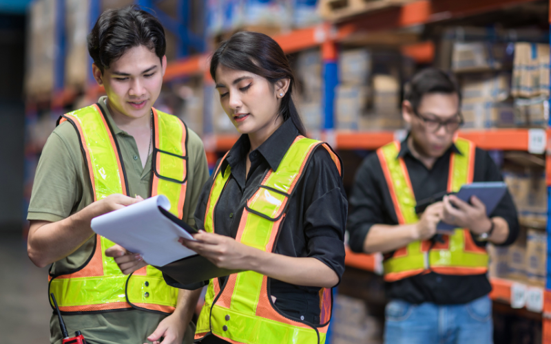 A lady and a man in safety vests discussing paperwork