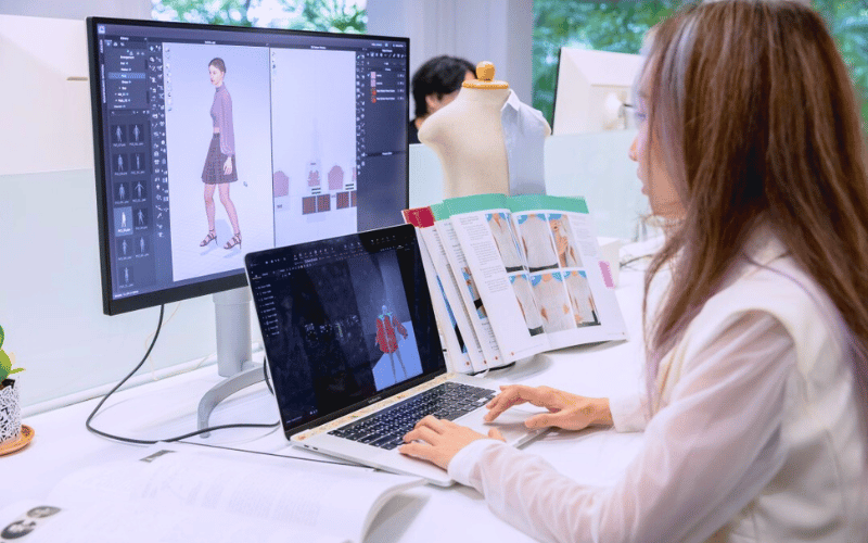 A designer is seen creating 3d fashion piece on laptop