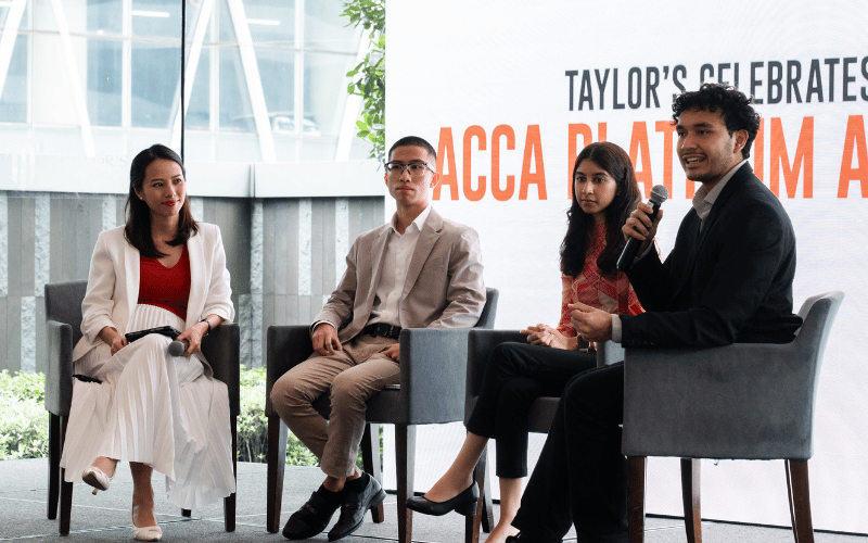 [R-L] Muhammad Aidil Iqbal, Taylor’s College ACCA Scholar, Ishana Kaur Sarjit Singh, ACCA Alumnus at Taylor’s College, and Wong Wei Xiang, Taylor’s College ACCA Scholar sharing their academic journey at Taylor’s College ACCA Platinum Award celebratory high-tea event.