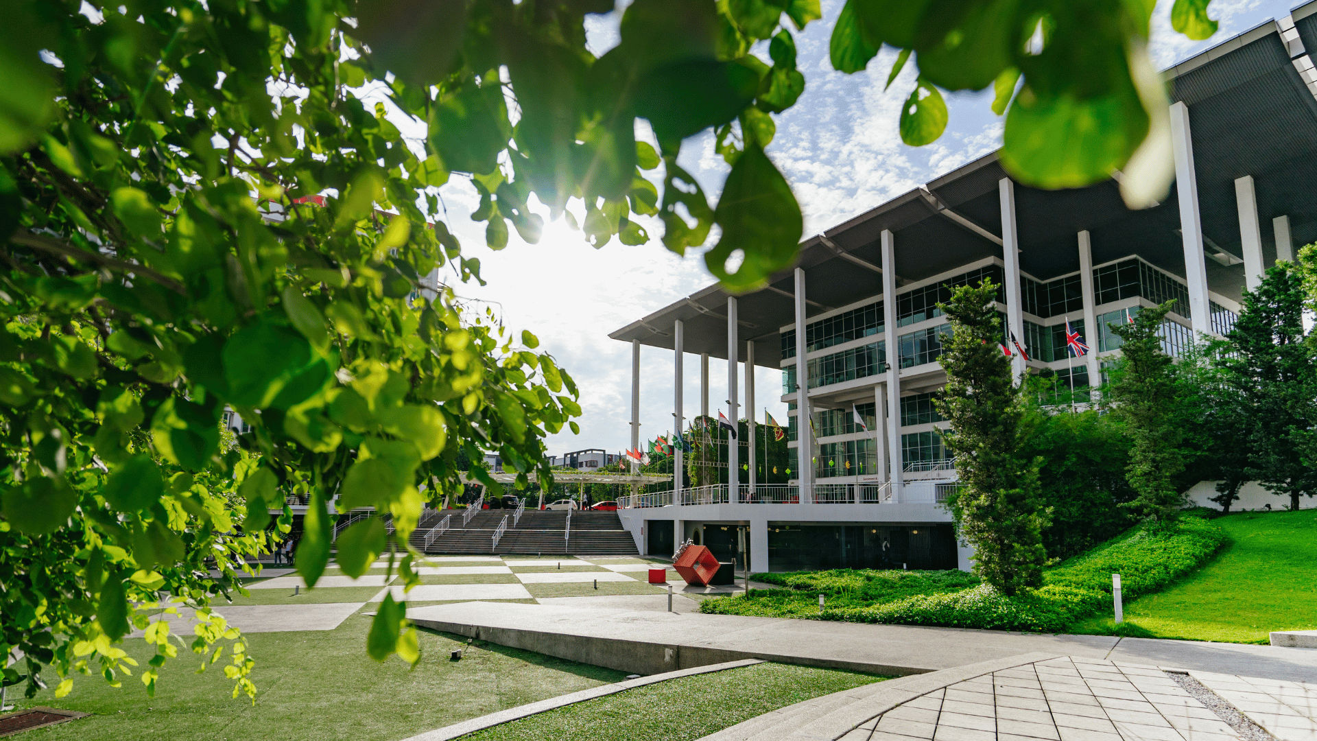 Lush greenery view of Taylor's Lakeside Campus main building