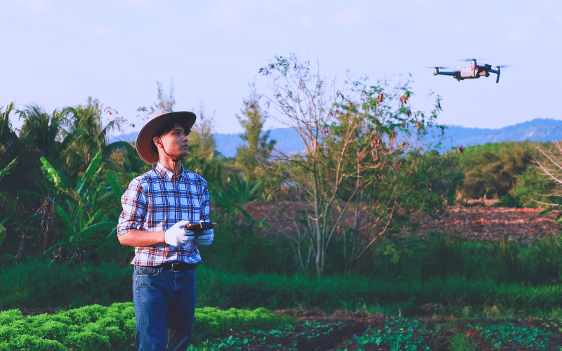 Male engineer flying drone in the farm 