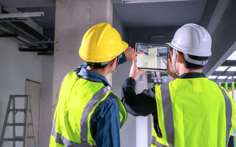 Two individuals in safety vests and helmets inspecting a building site, highlighting real-world learning in construction and restoration