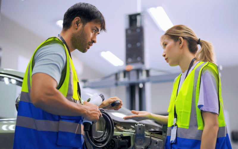 male and female engineers testing out EV vehicle