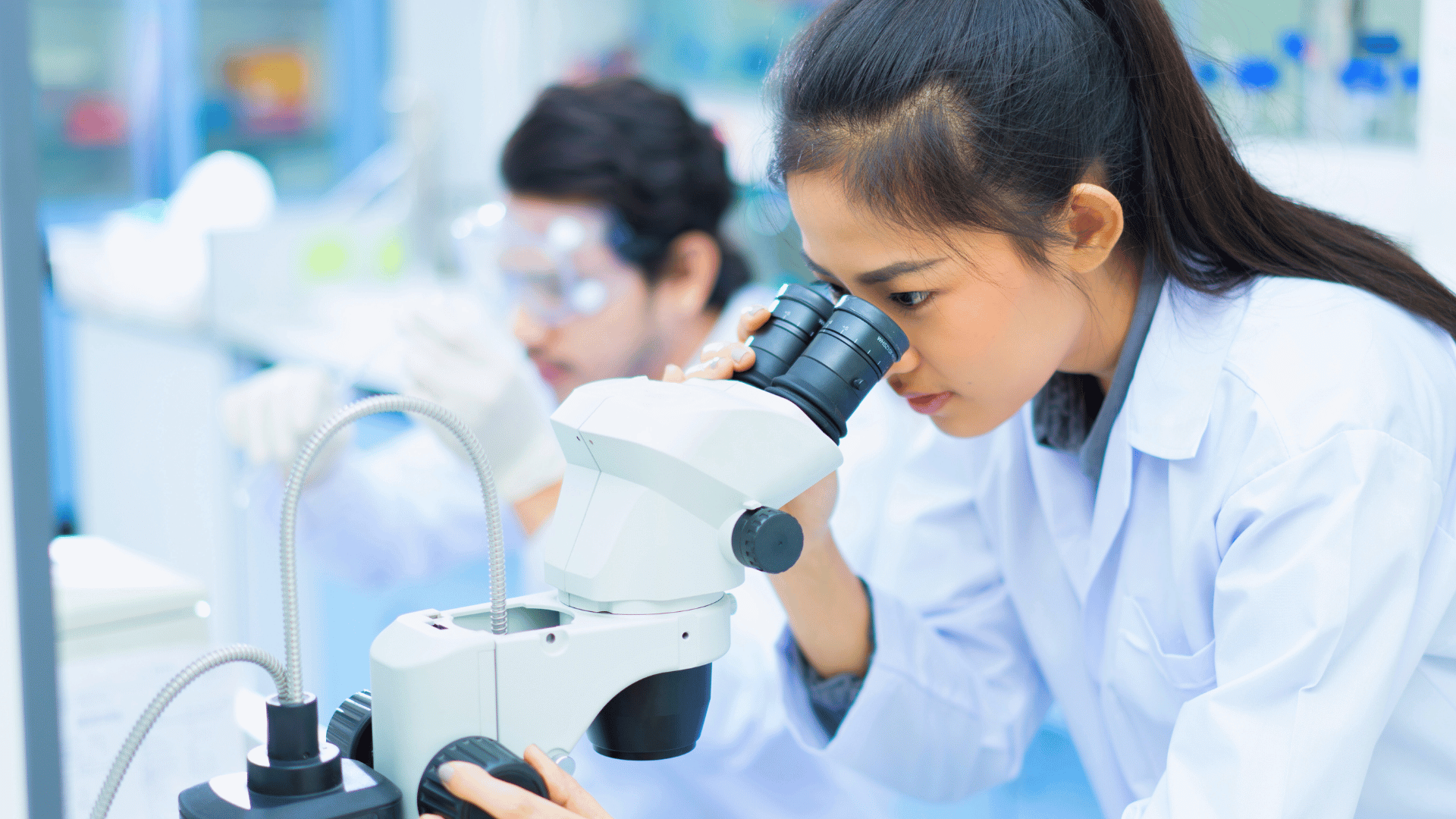 Young female scientist examining a sample under a microscope in a laboratory