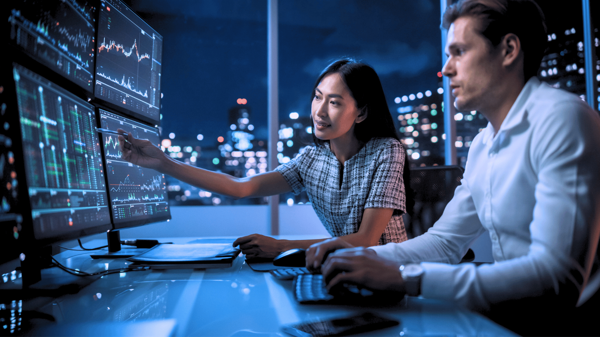 Woman and man co-workers looking at data at night