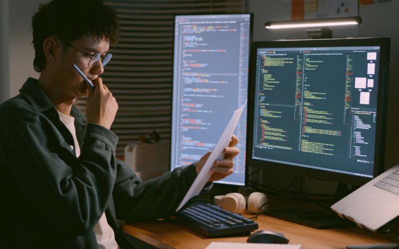 Man in glass thinking in front of his working screen displaying programming codes