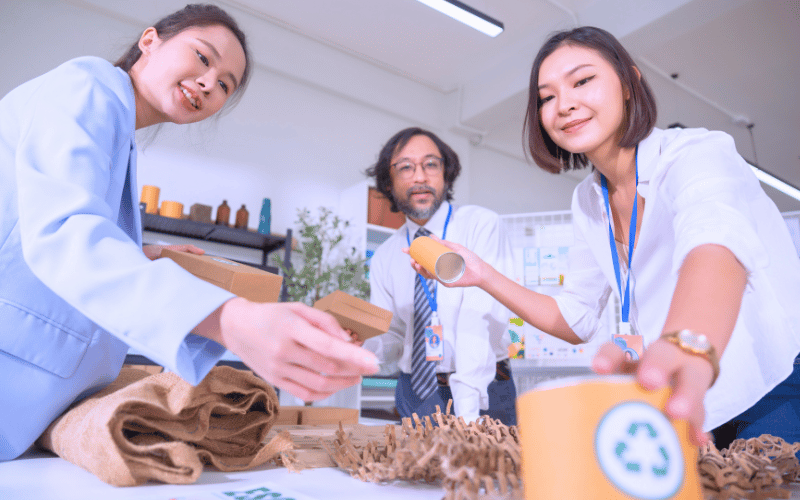A team works together on eco-friendly packaging, handling recyclable containers and sustainable wrapping materials in a creative workspace