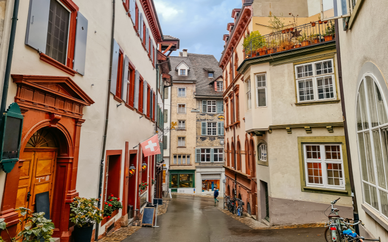 Historic buildings lining a street in Basel’s Old Town, Switzerland