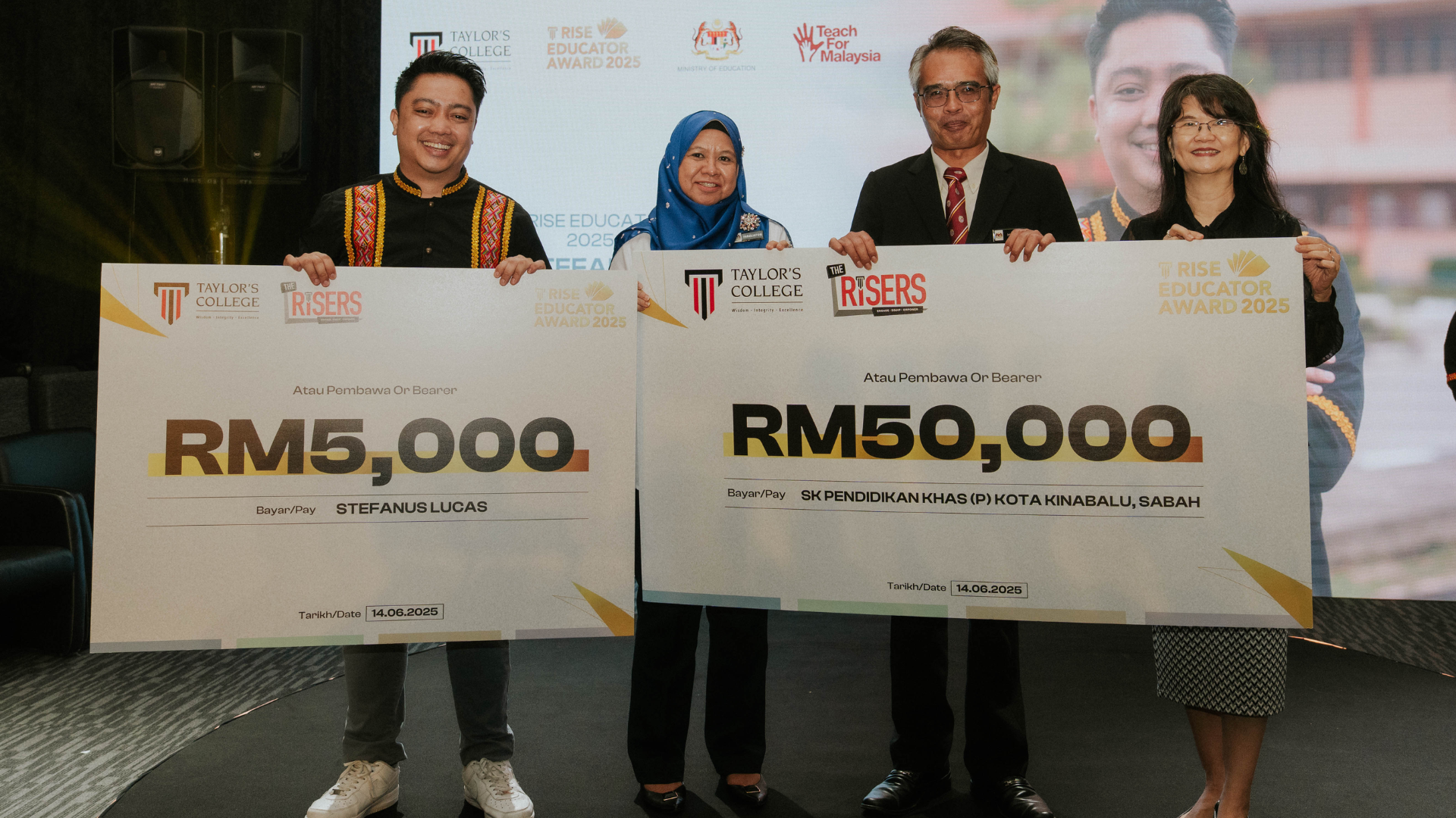 Stefanus Lucas was awarded the RISE Educator Award 2025 and RM5,000 in recognition of his inspiring use of music to empower students with special needs. His school, SK Pendidikan Khas (P) Kota Kinabalu, also received RM50,000 to fund a music education project that brings his vision to life.  [from left to right] Stefanus Lucas, teacher at SK Pendidikan Khas (P) Kota Kinabalu and RISE Educator Award 2025 recipient, Puan Fadzliaton Zainudin, Deputy Director of the Educational Resources and Technology Division at the Ministry of Education Malaysia, Muhammad Hamka Eallie, Headmaster of SK Pendidikan Khas (P) Kota Kinabalu and Josephine Tan, Campus Director of Taylor's College. 