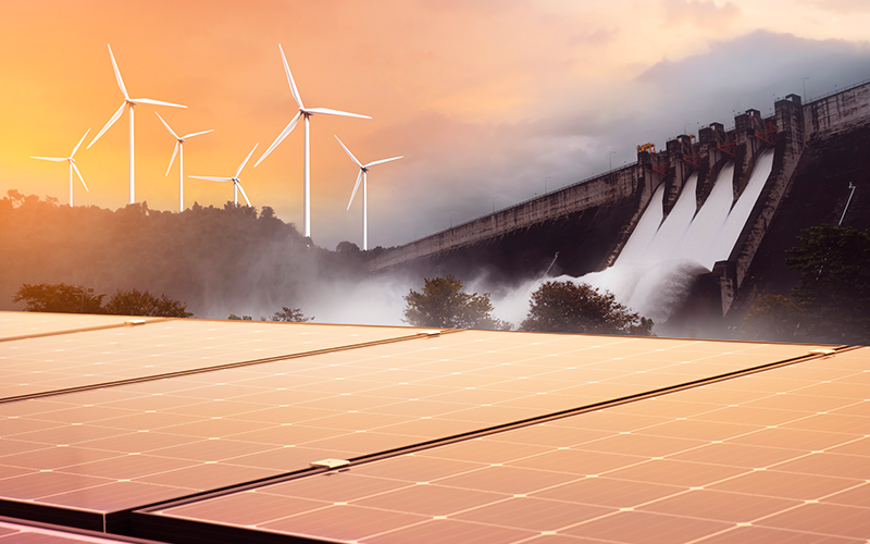 Electricity from solar panels, dams, and wind turbines.