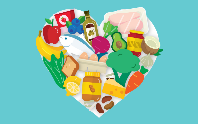 A vector illustration of various gut-friendly foods—like vegetables, fruits, fish, kimchi, yoghurt, nuts, and olive oil—arranged in the shape of a heart