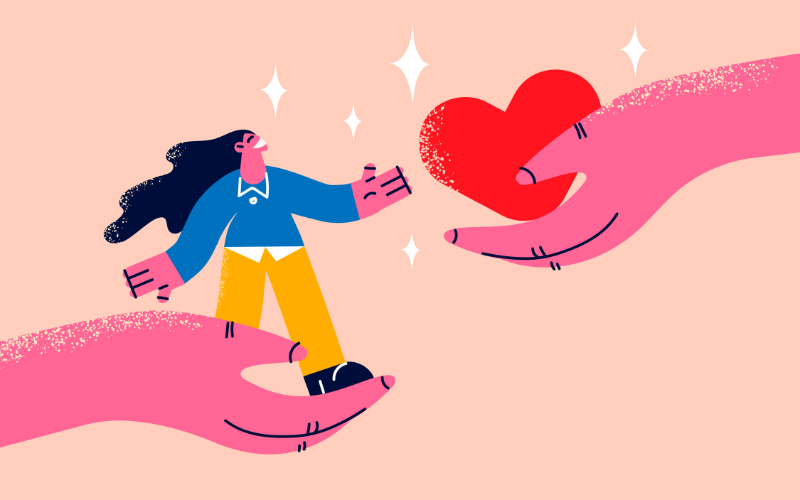 Vector art of a hand holding up a woman while another hand offers her a heart
