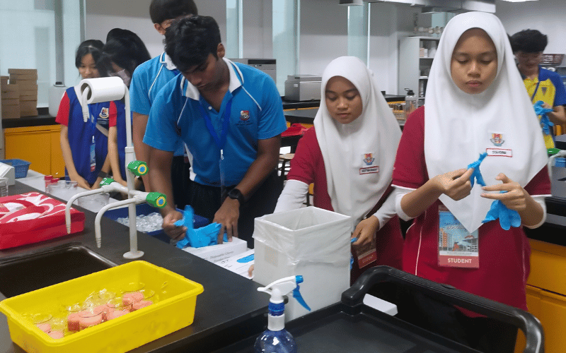 Students preparing lab materials during a hands-on science workshop.
