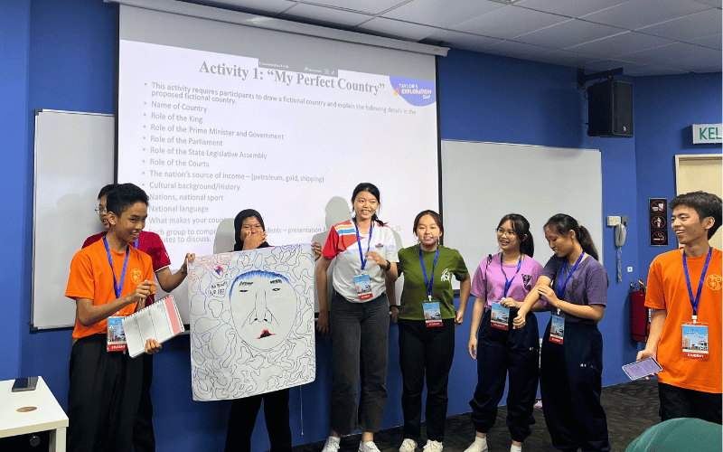 Students presenting group work during a law and governance workshop
