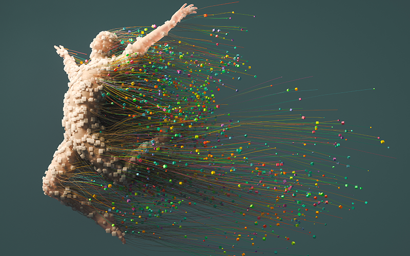 Abstract image of a man jumping with cables in the background.