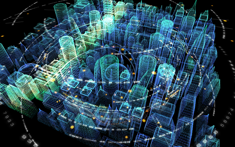 Futuristic holographic 5G digital wireless high speed fifth innovative generation for cellular network connectivity, high speed Internet broadband network and telecommunication concept with holographic city