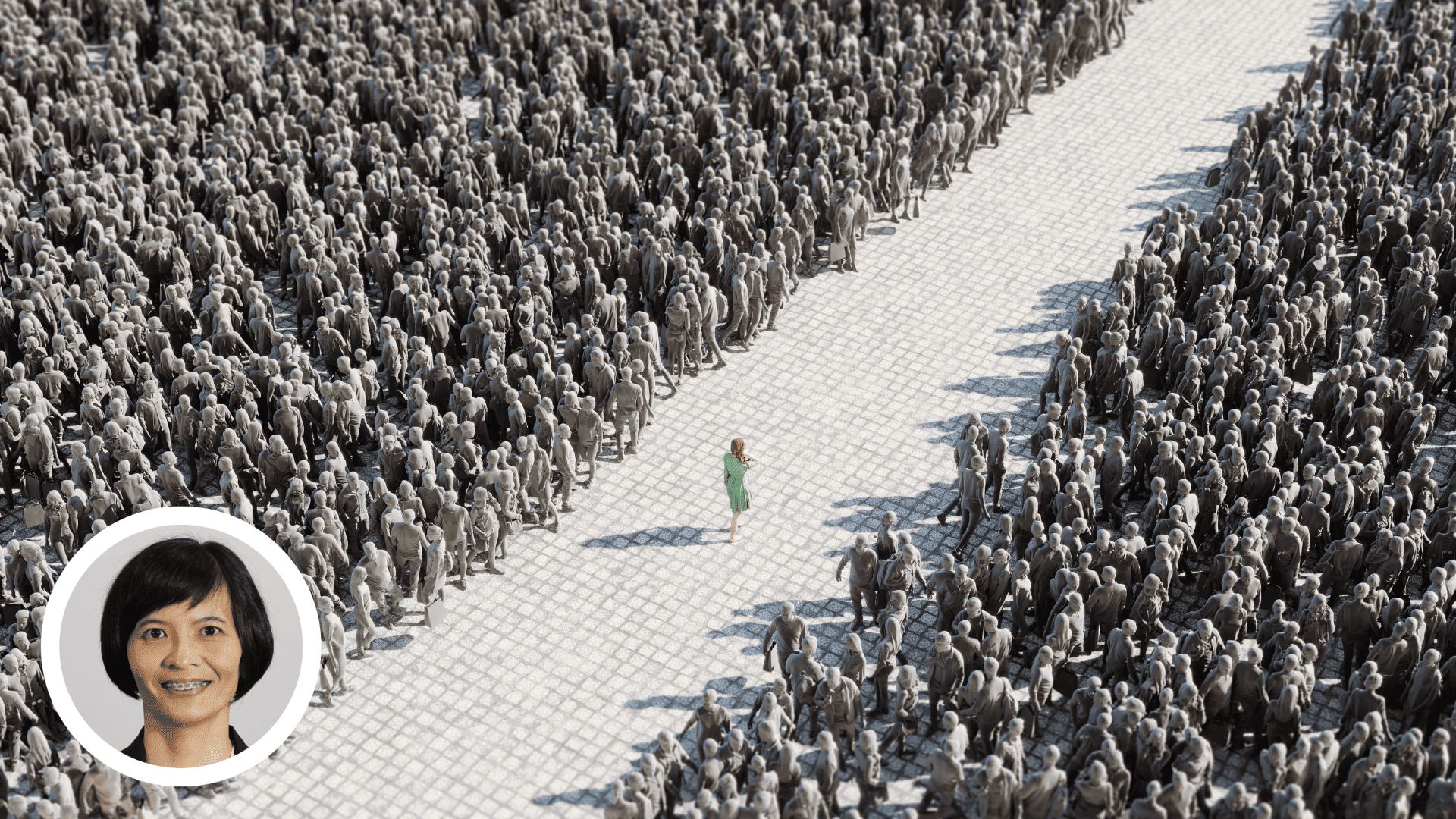 Woman standing in crowds of people