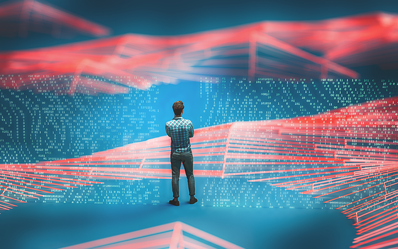 Young man standing in VR environment