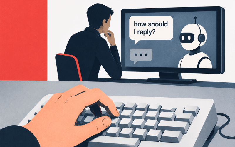 Person using a computer displaying an AI chat interface with a speech bubble that reads "How should I reply?"