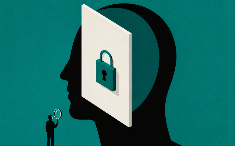 Silhouette of a human head with an open door revealing a padlock, with a small person standing outside.