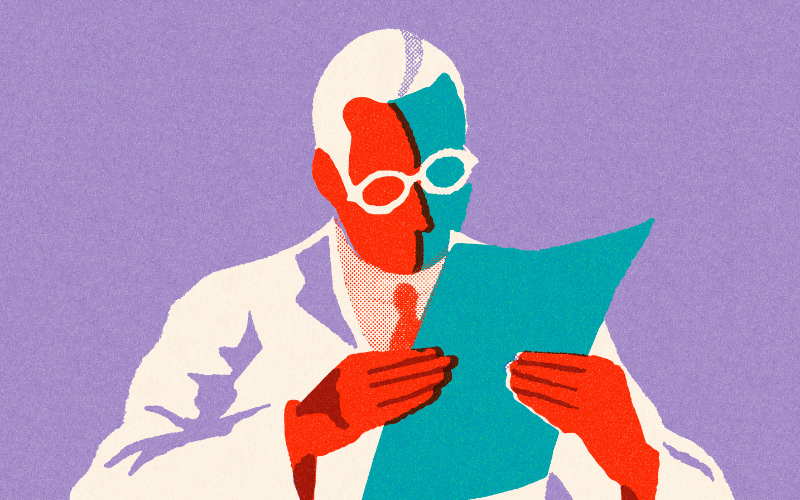 Person with a two-tone coloured face, holding and reading a sheet of paper.