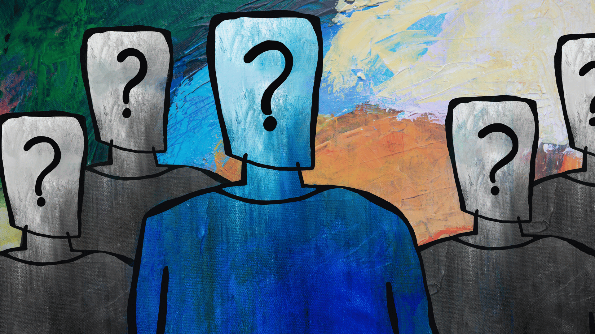 Three figures with question marks on their faces, standing side by side against a background split between dark grey and warm orange and blue tones.