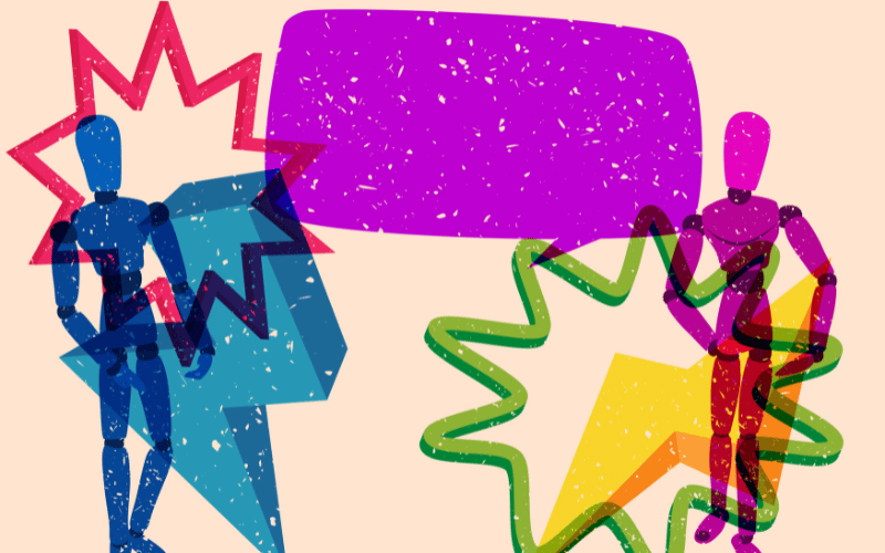 Two abstract human figures with colourful overlapping shapes and lines around them