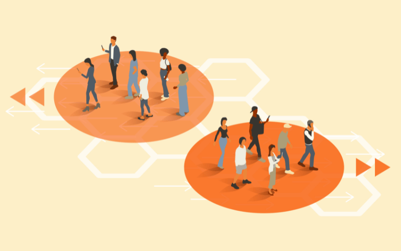 Two groups of people moving in opposite directions, illustrating the concept of mutual exclusivity