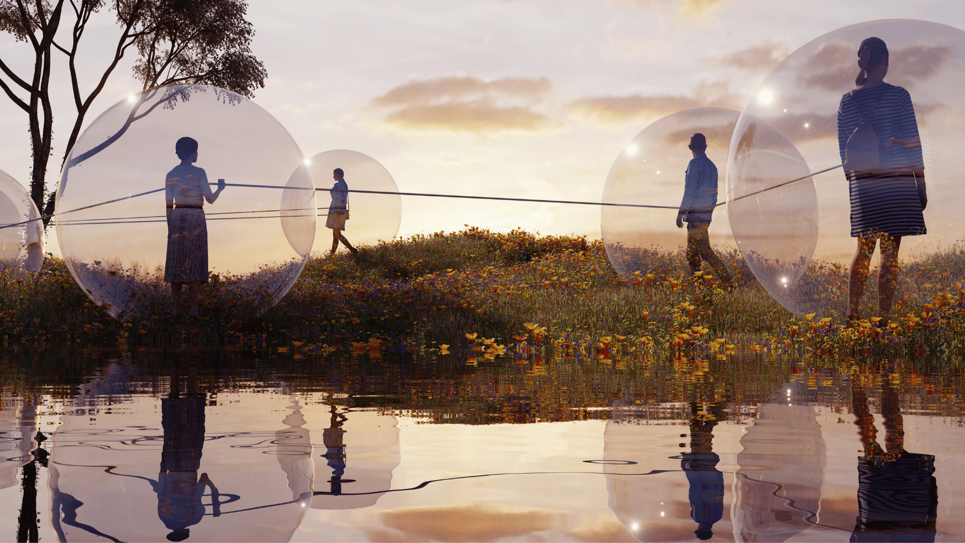 People standing apart in an open landscape showing distance and reflection despite shared space