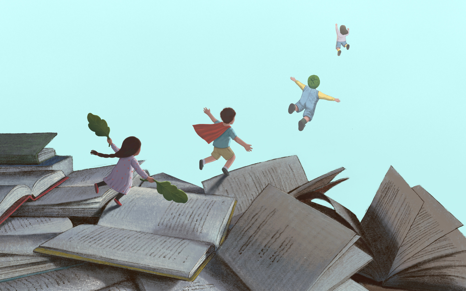 Children running on books and flying off from them