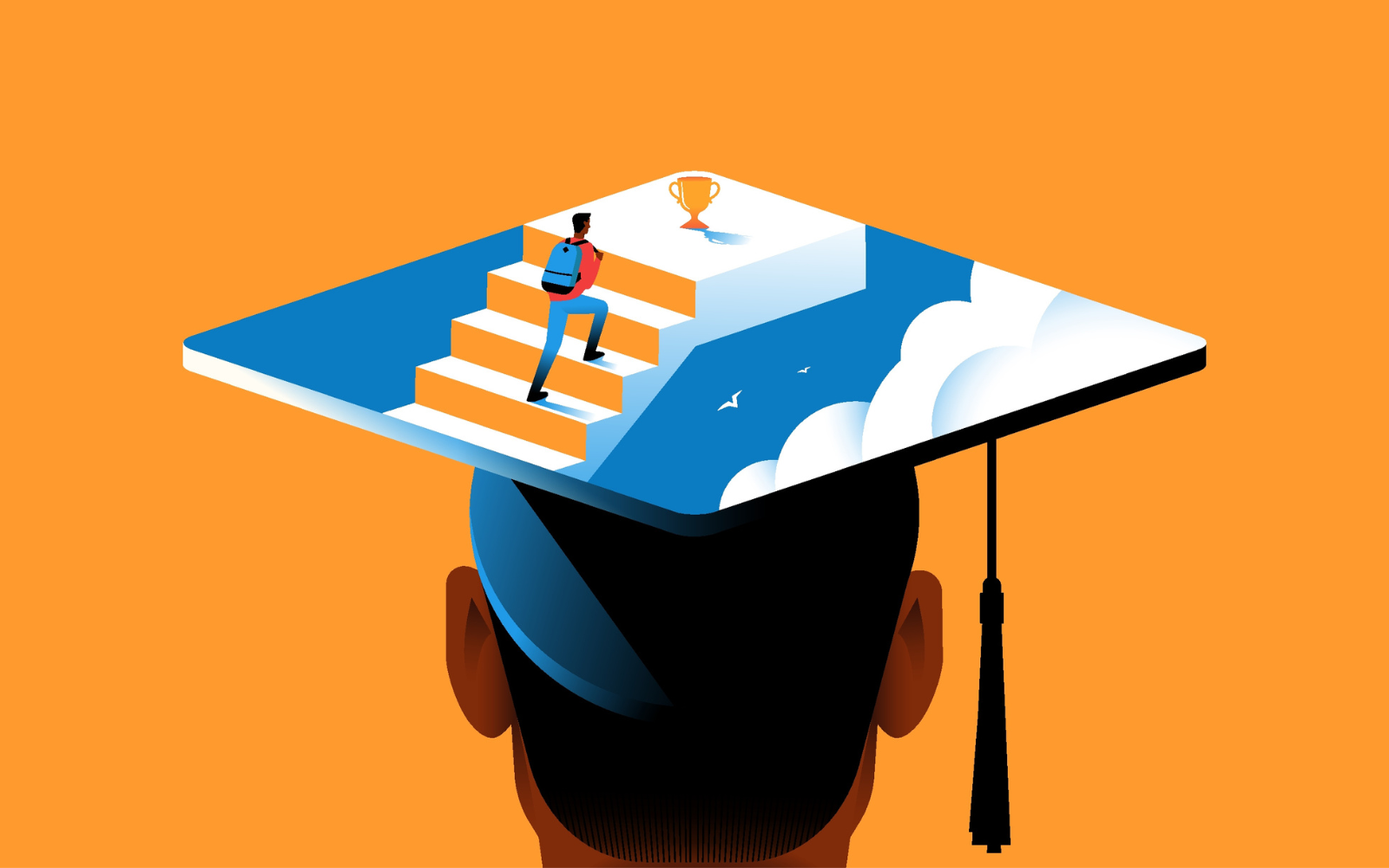 Graduation cap with a student climbing a staircase towards a trophy