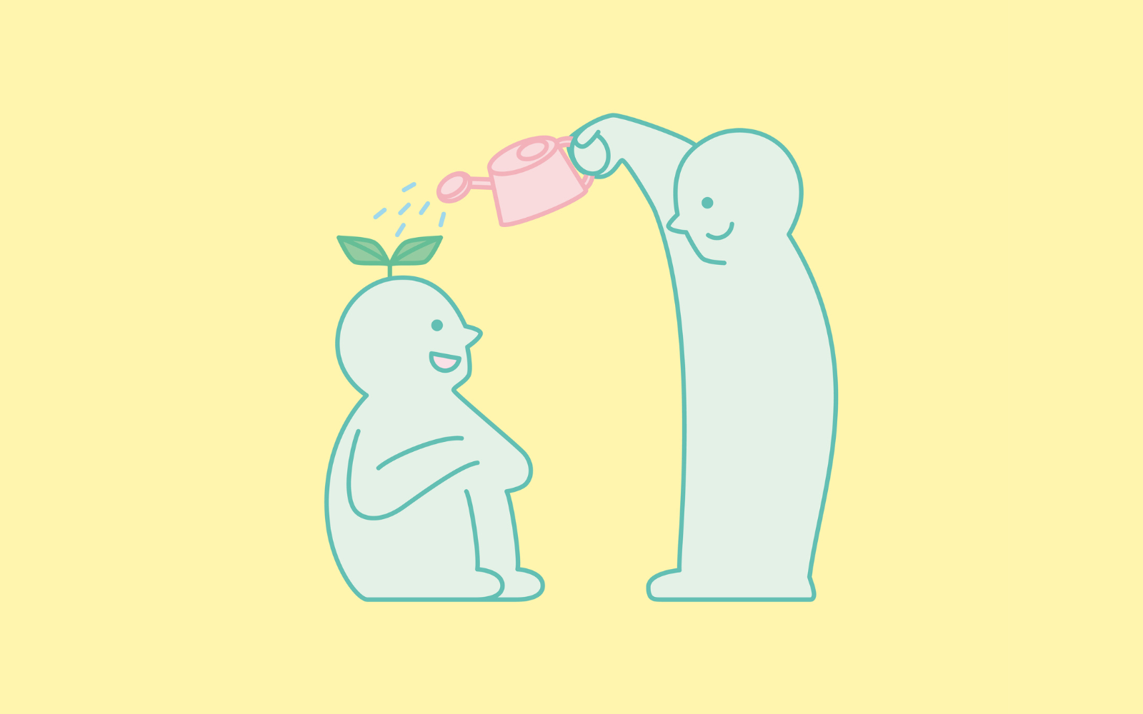 A person watering a small plant sprouting from another person's head