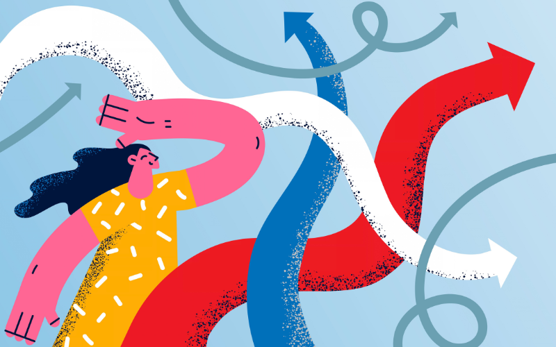 An illustrated woman looking confused amidst colorful winding arrows