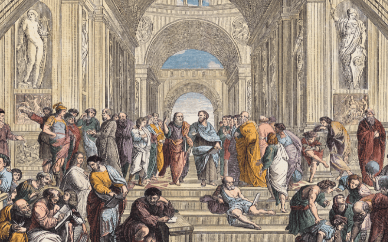 Philosophers gathered in discussion in a classical setting