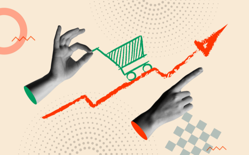 Hand pushing a shopping cart beside rising graph lines and geometric patterns