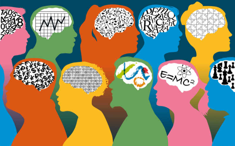 Colourful human profiles with symbols and patterns linked to ideas and different perspectives