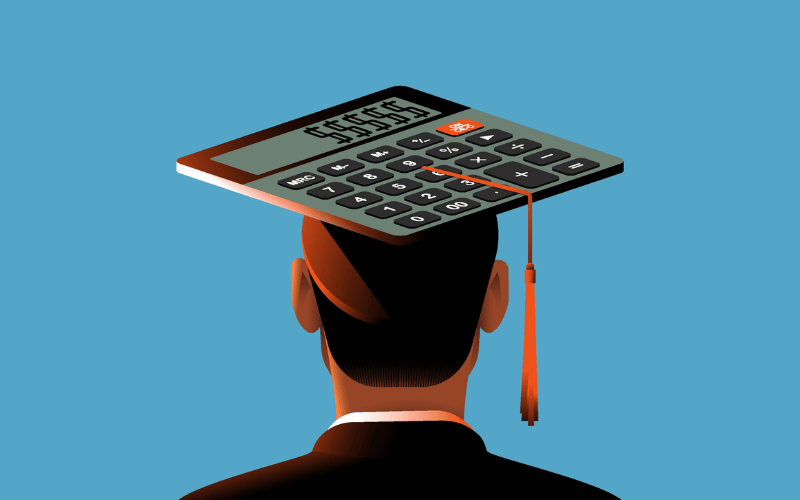 Graduate wearing a mortarboard with a calculator placed above the cap.