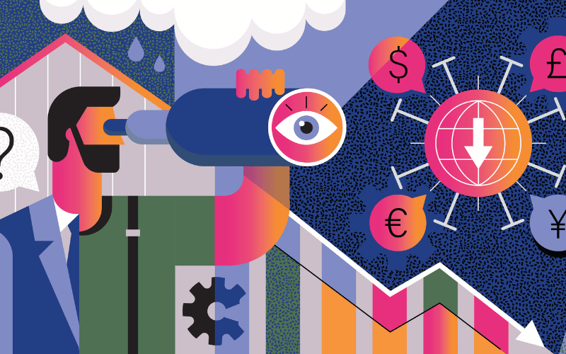 Man looking through binoculars towards business and financial symbols