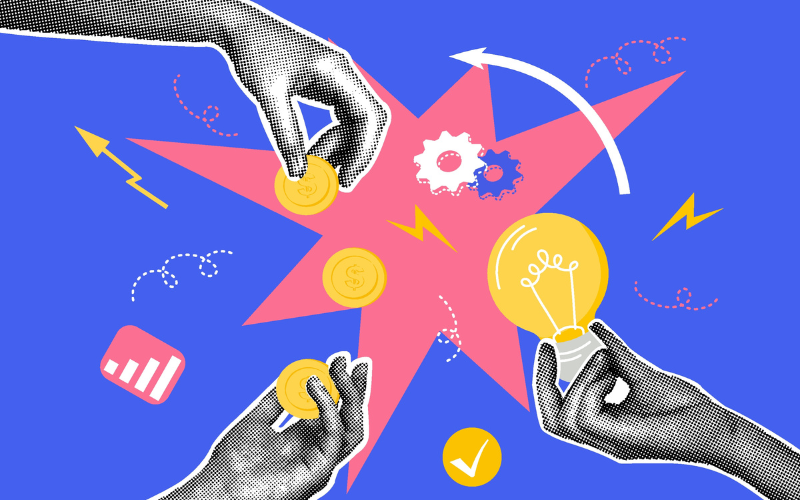 Hands exchanging coins and ideas around a lightbulb