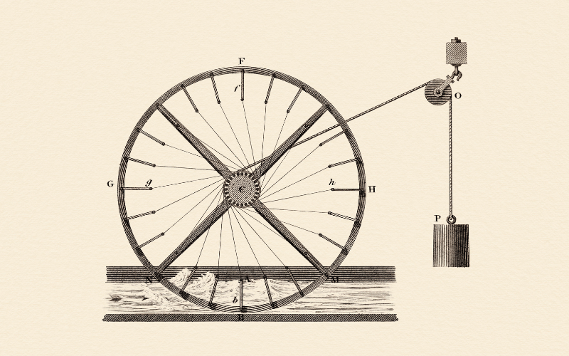 Illustration of a large wooden water wheel with a hanging weight beside it