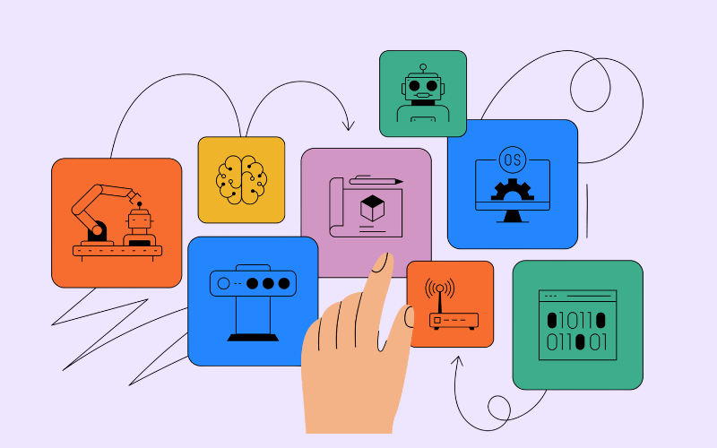 A hand selecting from robotics, artificial intelligence, engineering, electronics and programming icons.